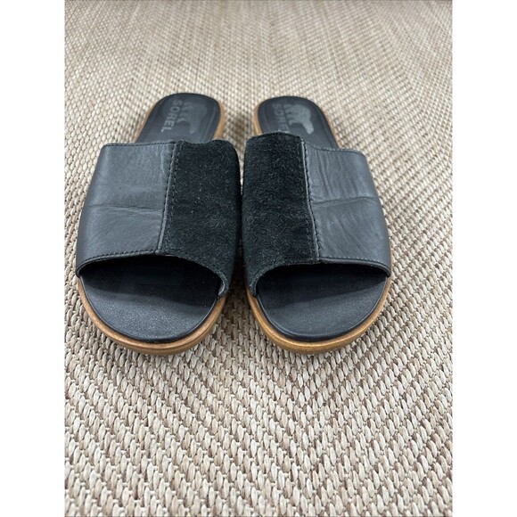 Sorel Ella II Block Suede Leather Slide Slip On Flat Sandal Black Women  6.5 - Picture 2 of 5